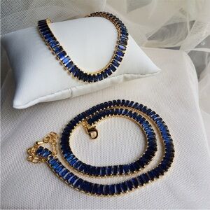 Swarovski Elements Gold Sapphire Blue Emerald-cut Baguette Tennis Bracelet NEW